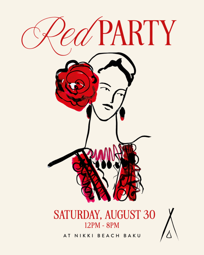 An event flyer for a "Red Party" on a cream-colored background. The main graphic is a stylized, black-ink sketch of a woman with a large, abstract red rose in her hair and a red and black ruffled top