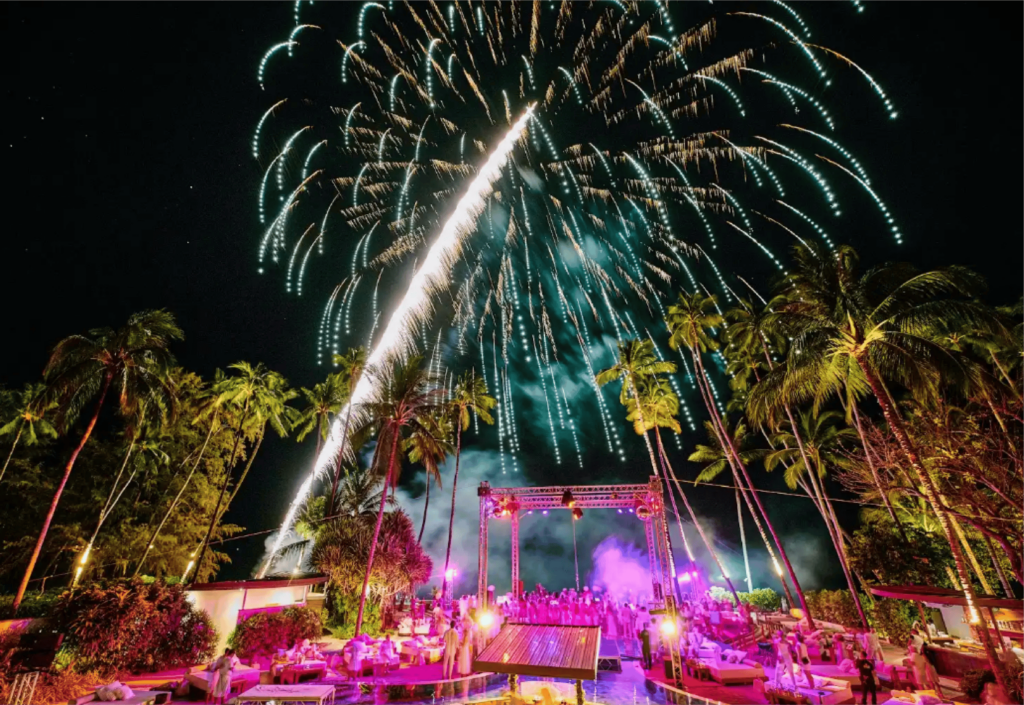 A glamorous party with a stunning fireworks display lighting up the night sky in the background