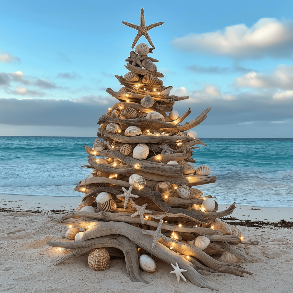 Driftwood and shells form a charming Christmas tree on the beach, embodying the festive spirit of Koh Samui's holiday celebration