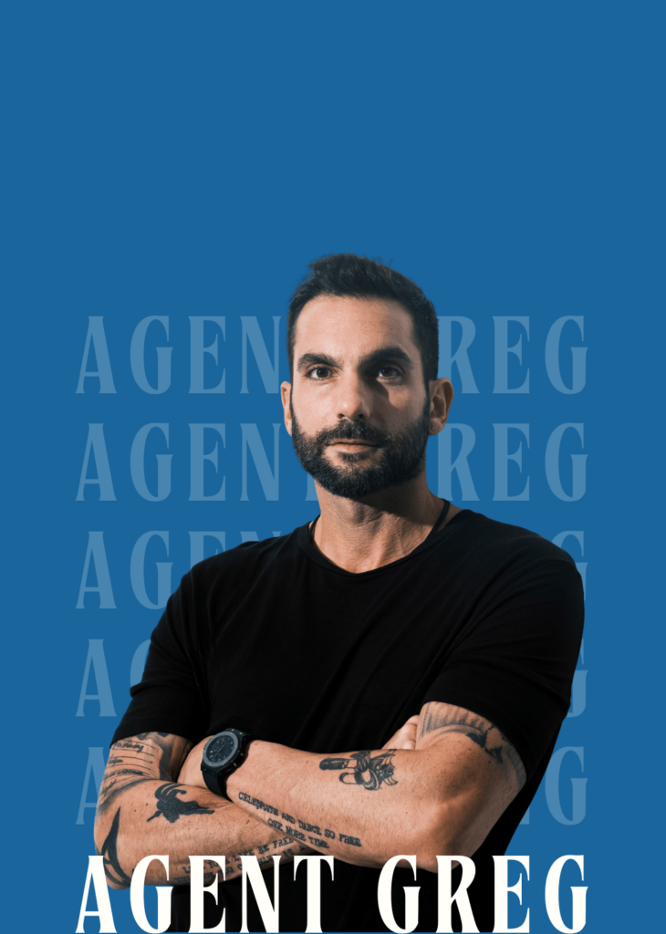 A refined portrait of Agent Greg, showcasing his stylish attire and commanding presence in a luxurious setting