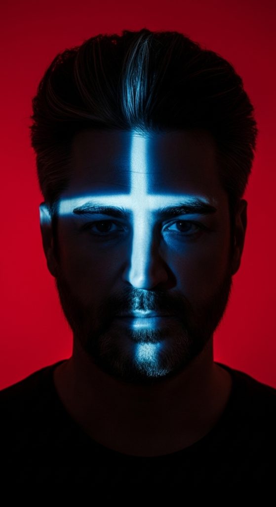 Greg Cerrone posing infront of a red background with bright light shining in a cross pattern over his face