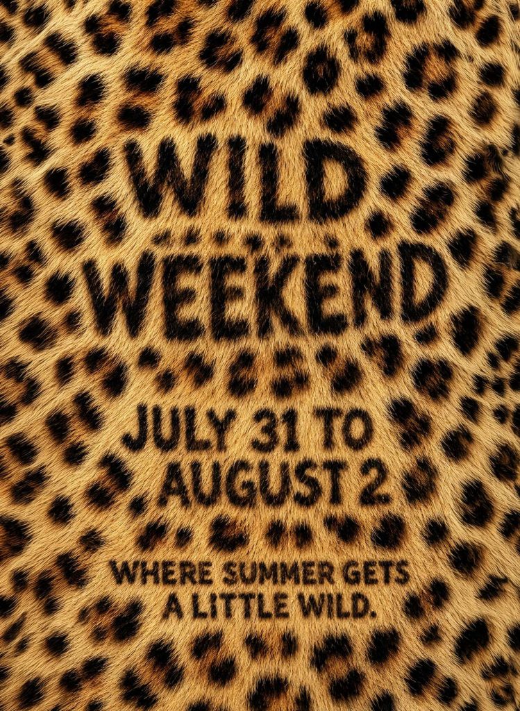 un'immagine con la scritta "Weekend selvaggio, dal 31 luglio al 2 agosto: quando l'estate si scatena un po'", con motivo leopardato